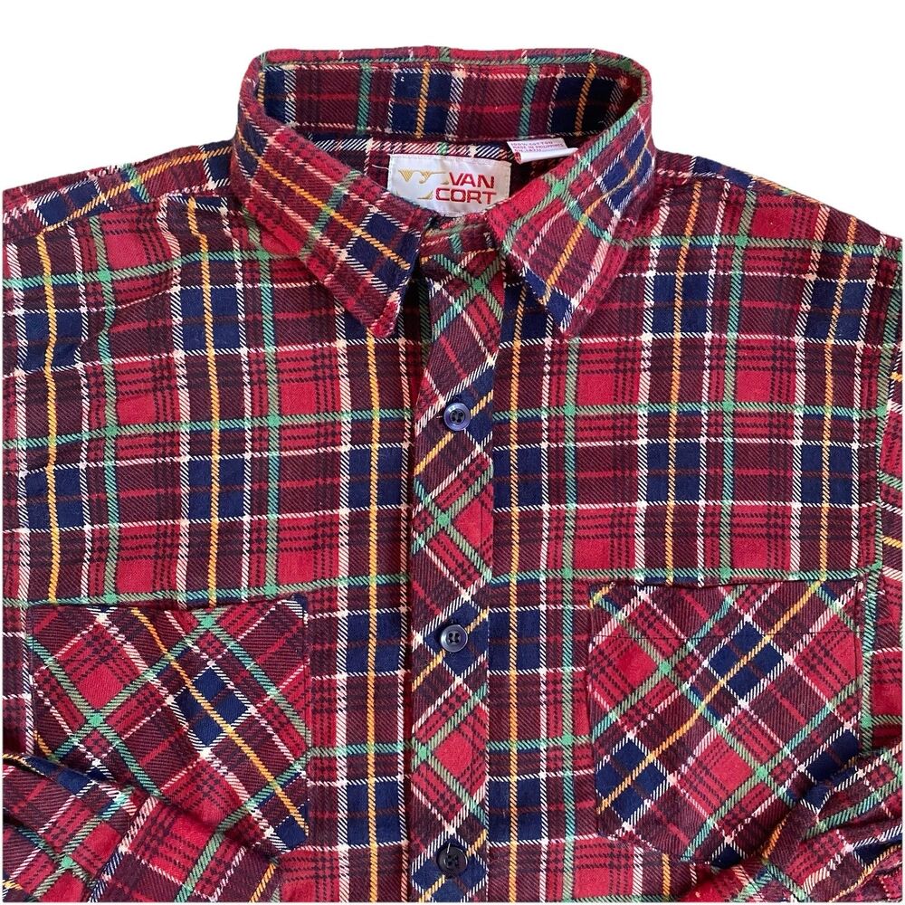 Vintage 80s Van Cort Printed Red Plaid Flannel Shirt Medium Deadstock New